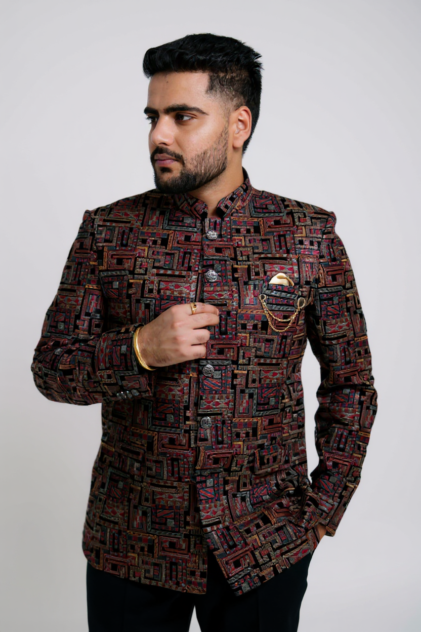 Multicolor Geometric Jodhpuri Suit – Designer Party Wear