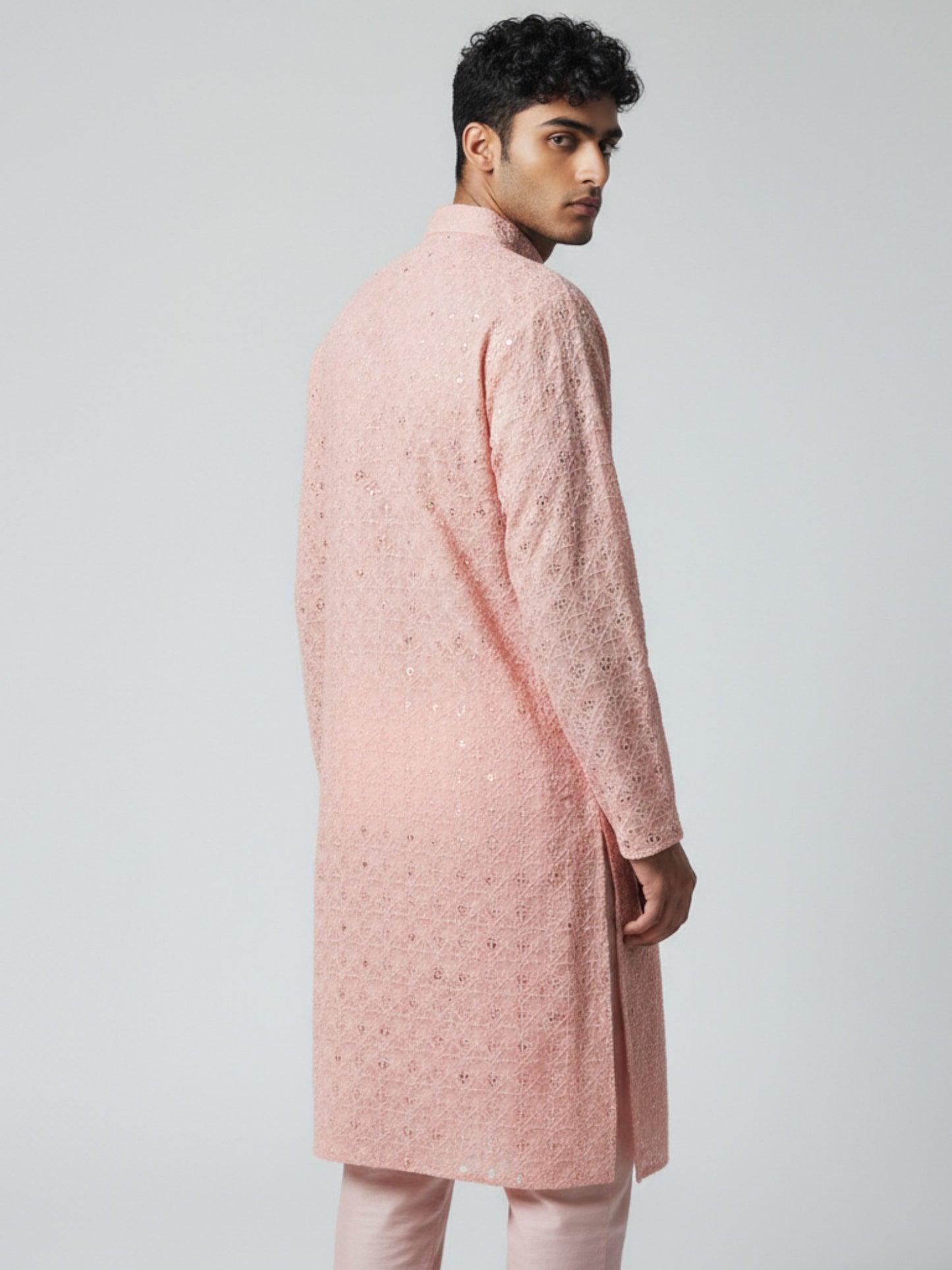 Blush Pink Chikankari Kurta Pajama for Men – Mirror Work Festive Wear