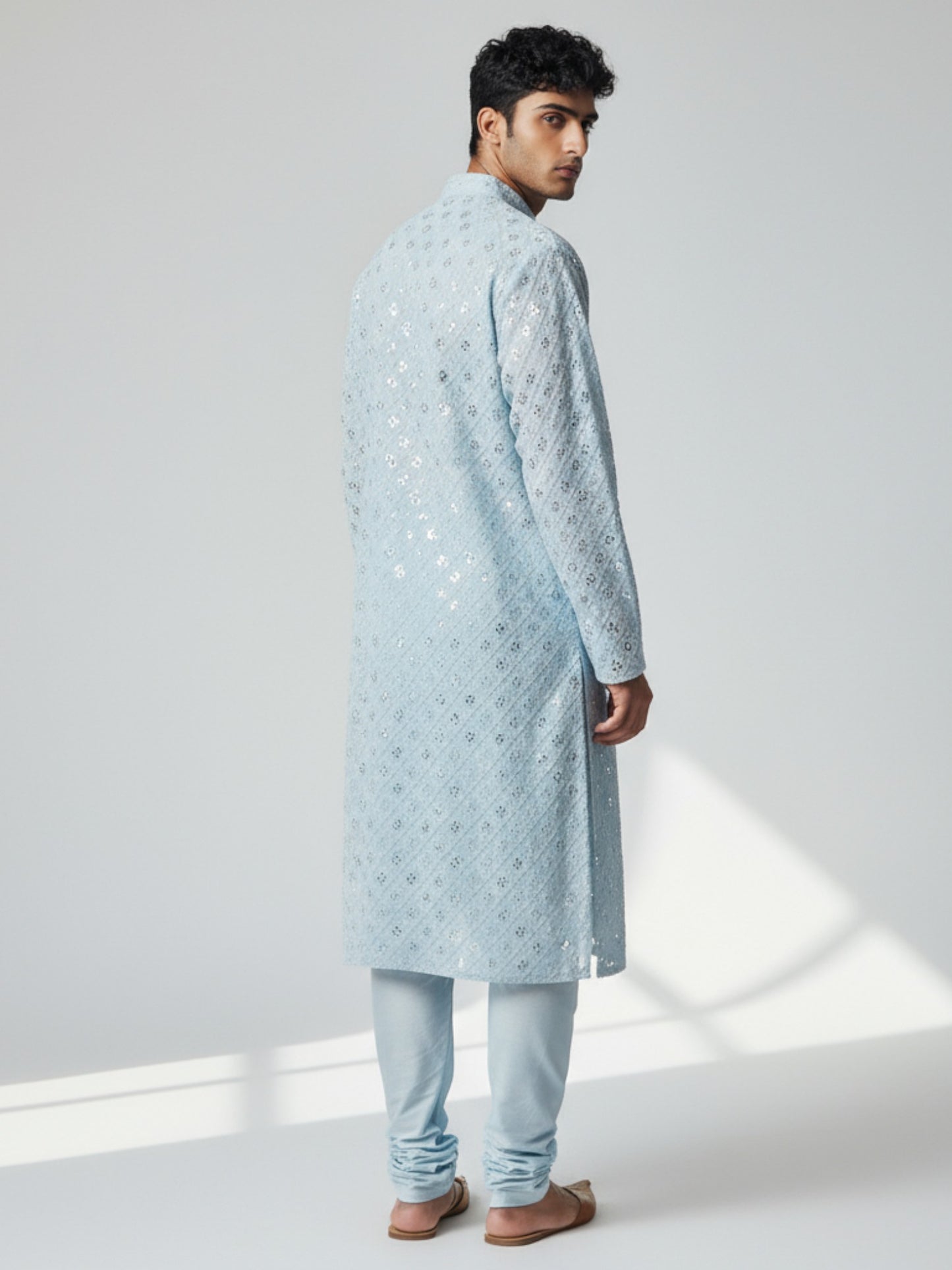 Sky Blue Chikankari Kurta Pajama for Men – Elegant Mirror Work Festive Wear