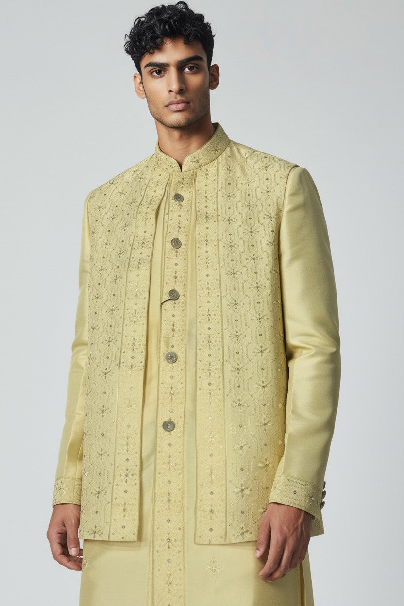 Pastel Yellow 3-Piece Kurta Set – Embroidered Wedding Wear