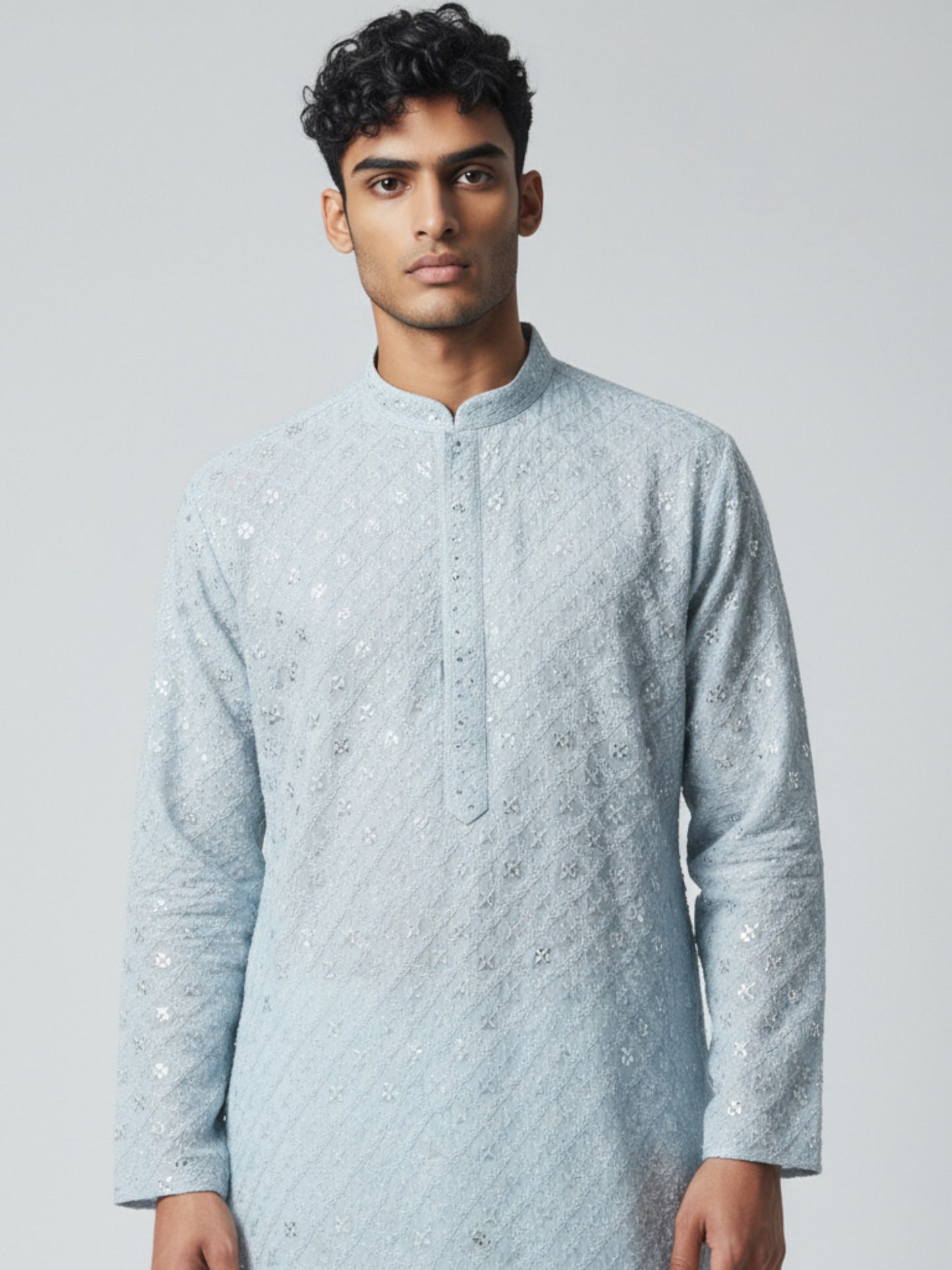Sky Blue Chikankari Kurta Pajama for Men – Elegant Mirror Work Festive Wear