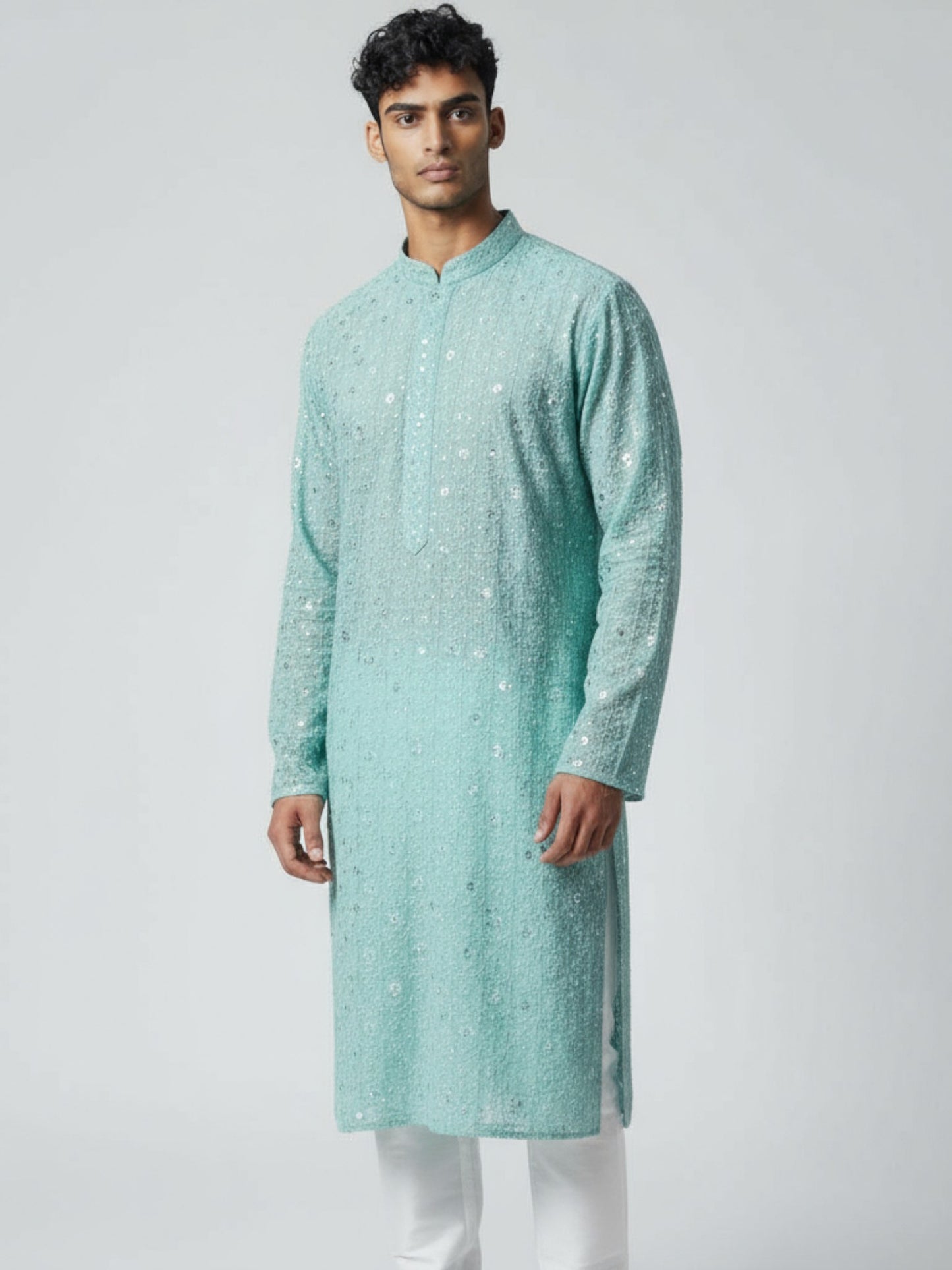 Aqua Blue Chikankari Kurta Pajama for Men – Mirror Work Festive Wear