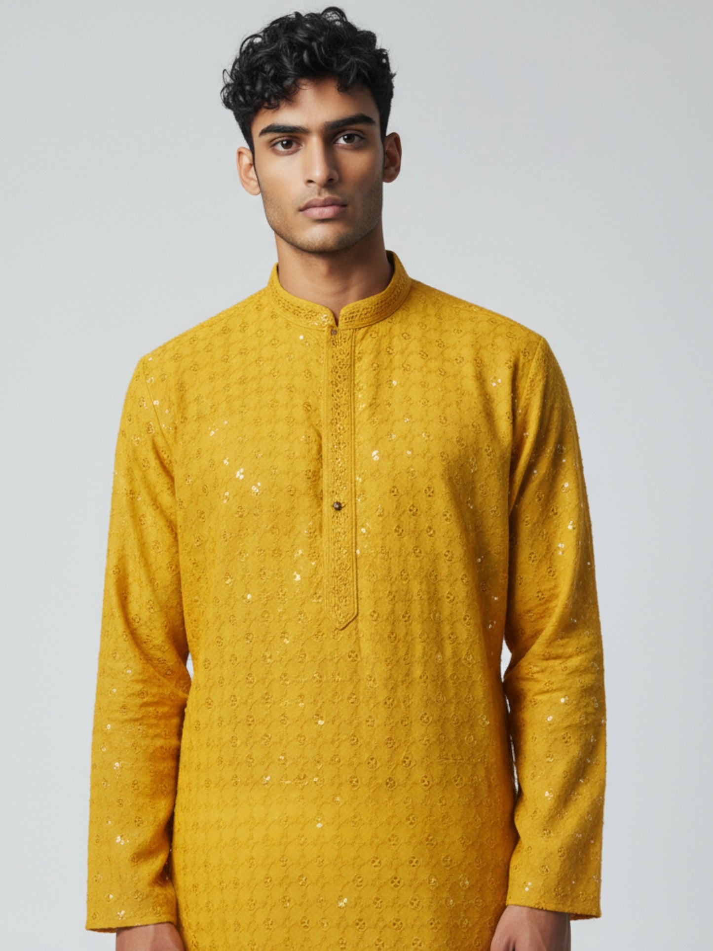 Mustard Yellow Chikankari Kurta Pajama for Men – Mirror Embroidered Festive Wear