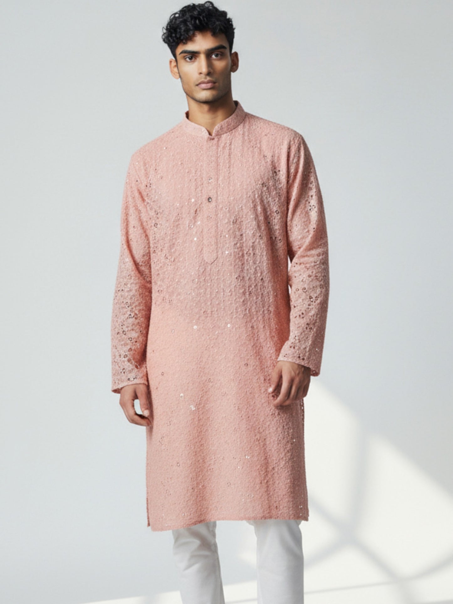 Blush Pink Chikankari Kurta Pajama for Men – Mirror Work Festive Wear