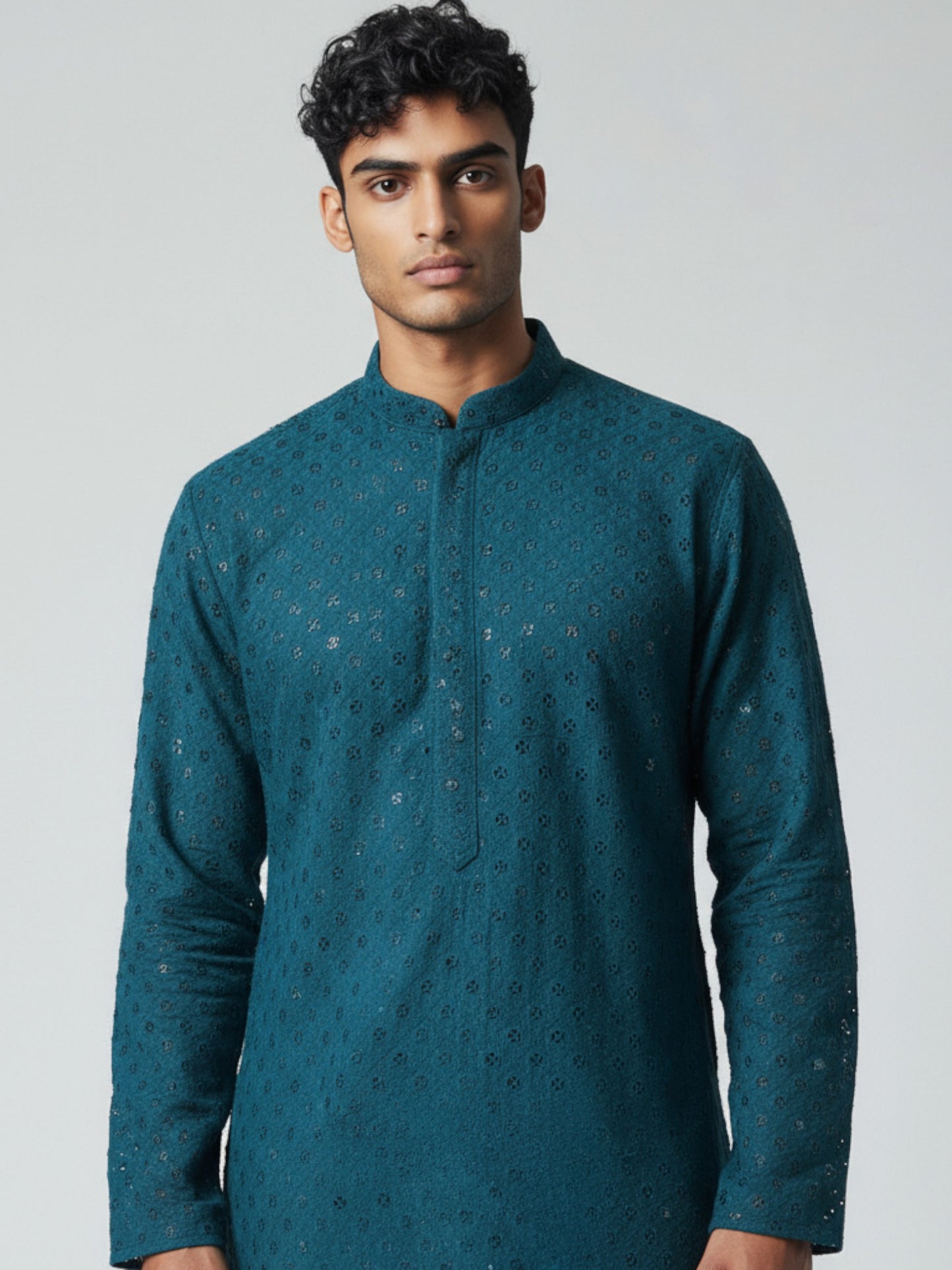 Teal Blue Chikankari Kurta Pajama for Men – Elegant Embroidered Festive Wear