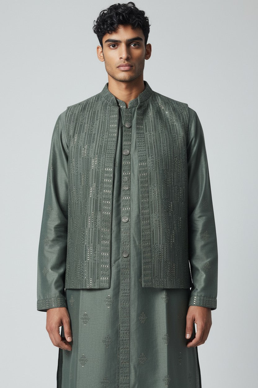Olive Green 3-Piece Kurta Set – Embroidered Festive Wear