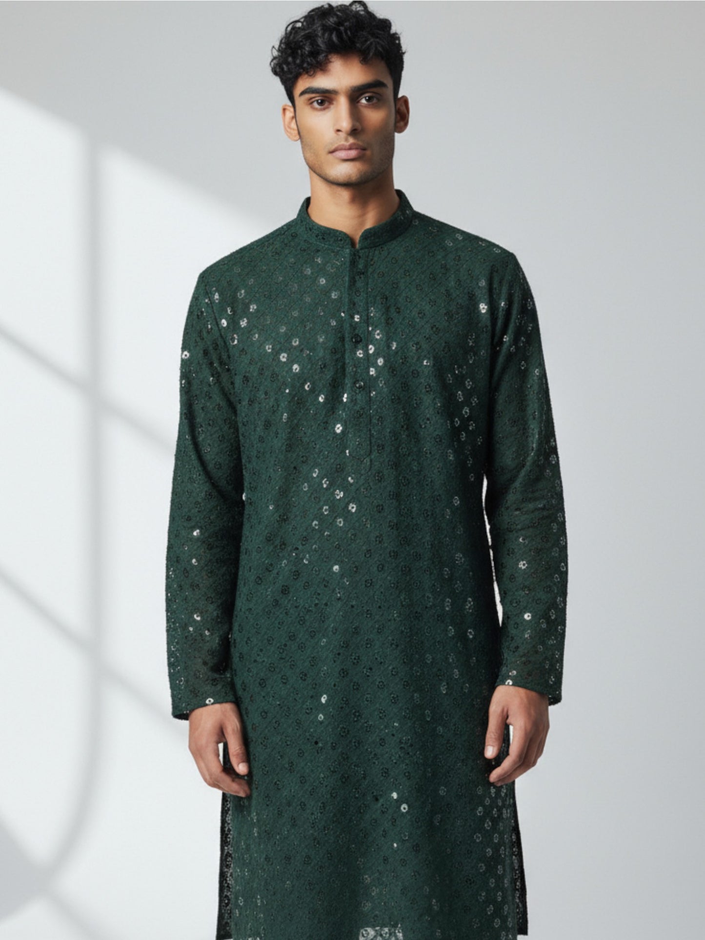Forest Green Chikankari Kurta Pajama for Men – Mirror Embroidered Festive Wear