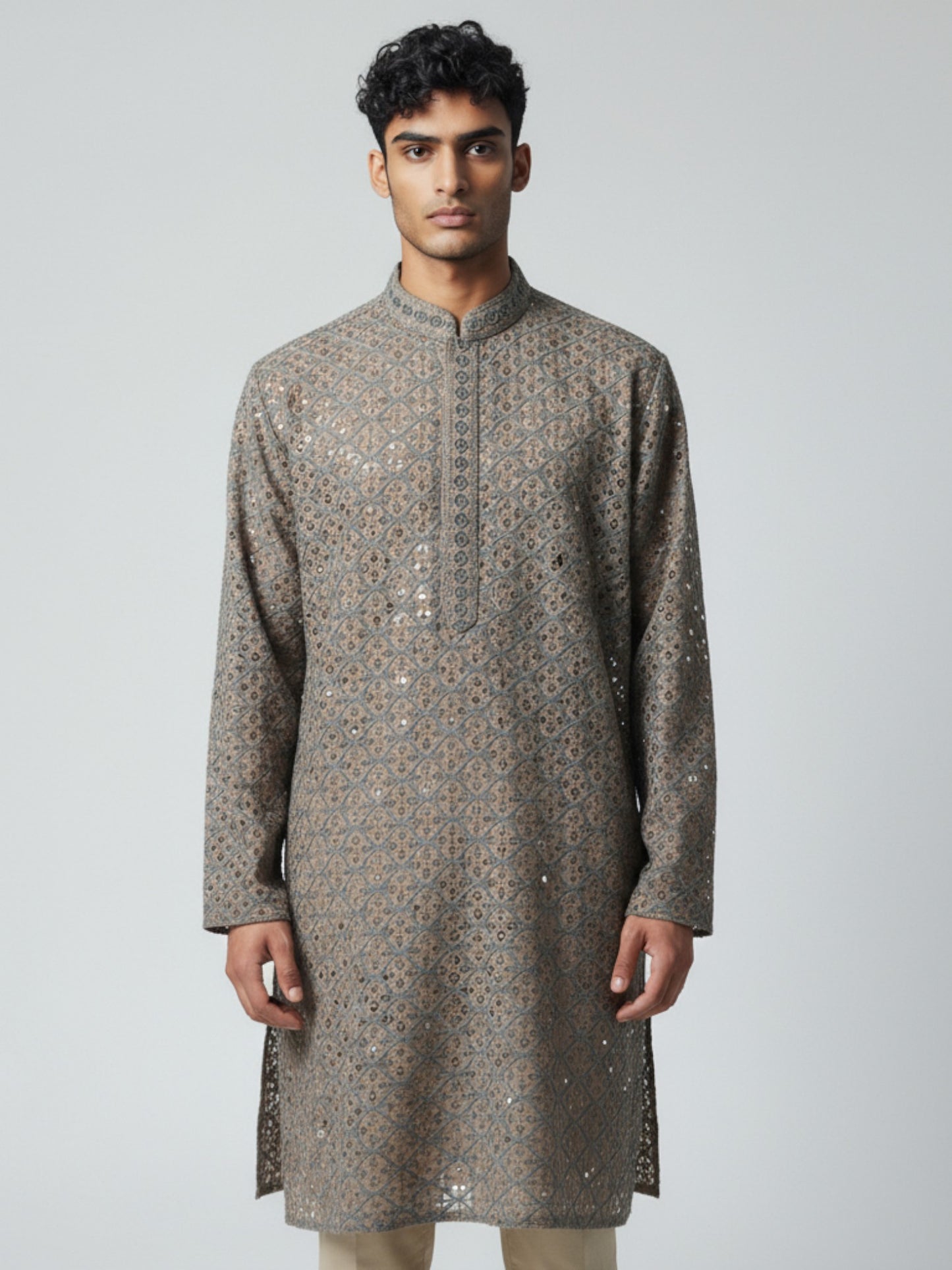 Taupe Chikankari Kurta Pajama for Men – Elegant Embroidered Set