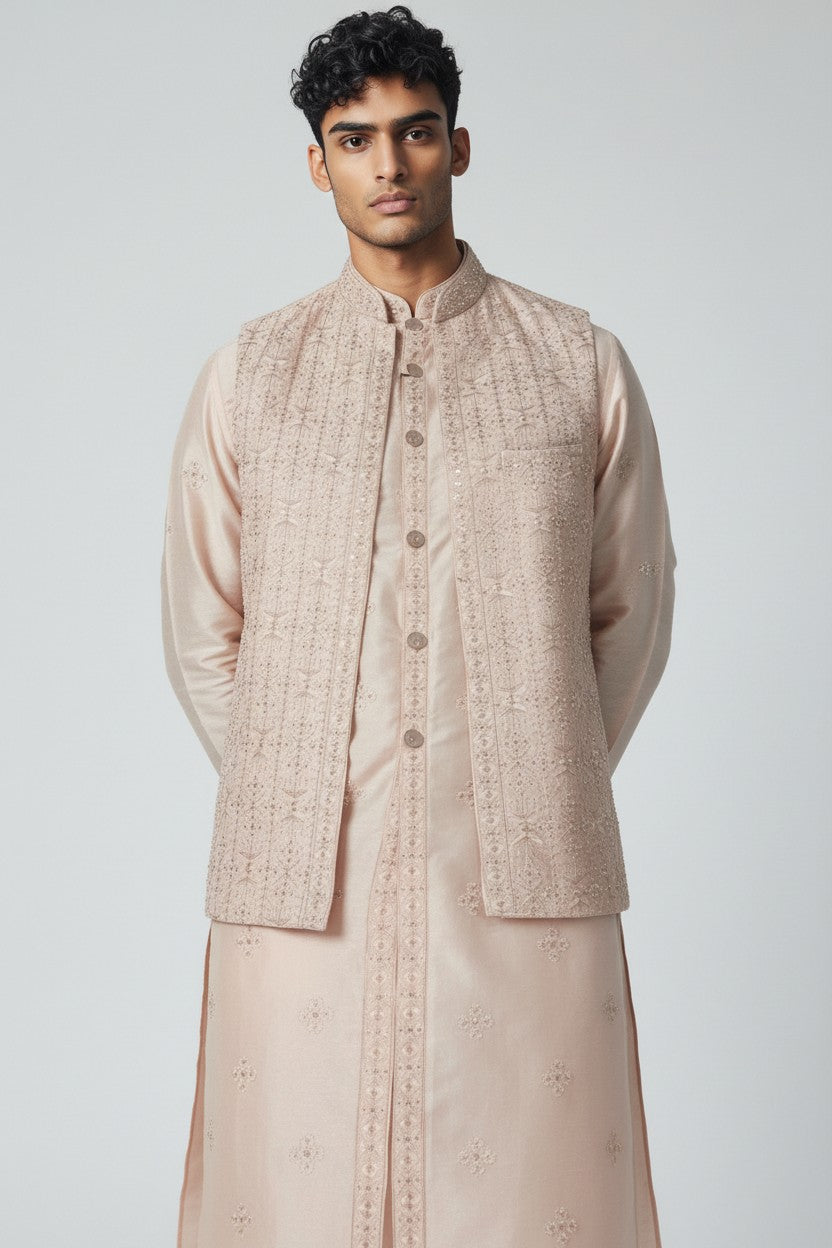 Blush Pink 3-Piece Kurta Set – Embroidered Wedding Ensemble