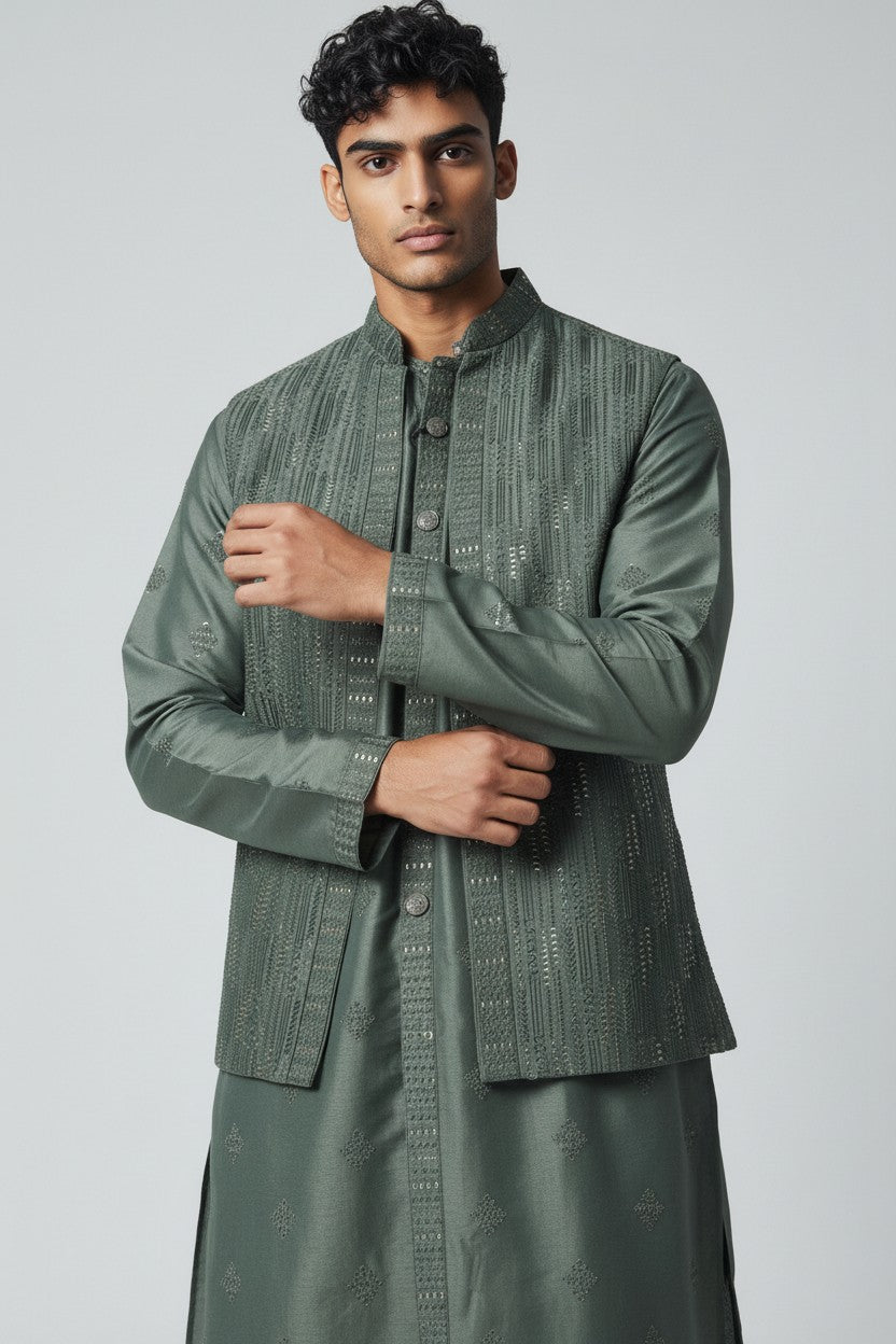 Olive Green 3-Piece Kurta Set – Embroidered Festive Wear