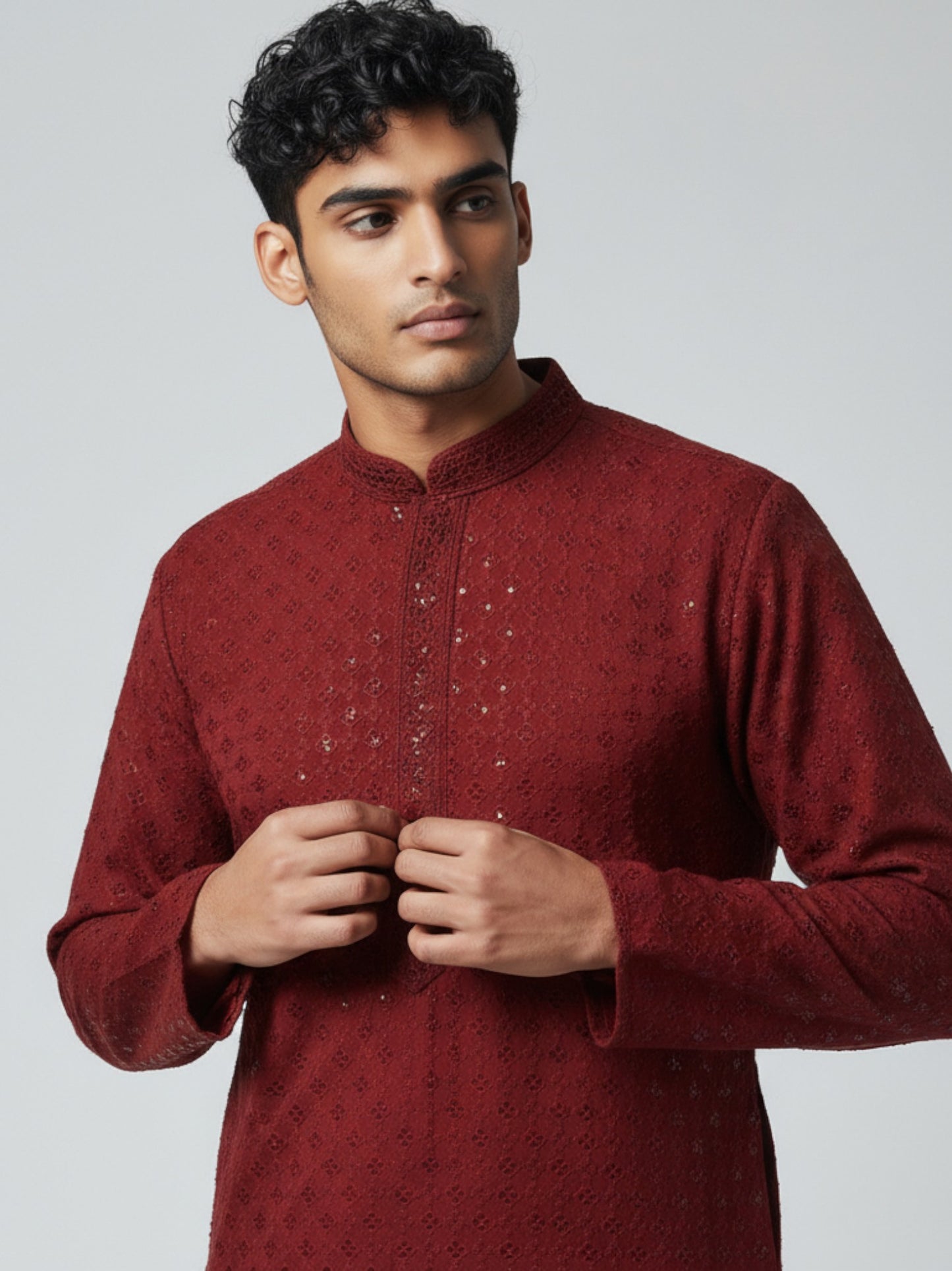 Red Chikankari Kurta Pajama for Men – Elegant Mirror Embroidered Festive Wear