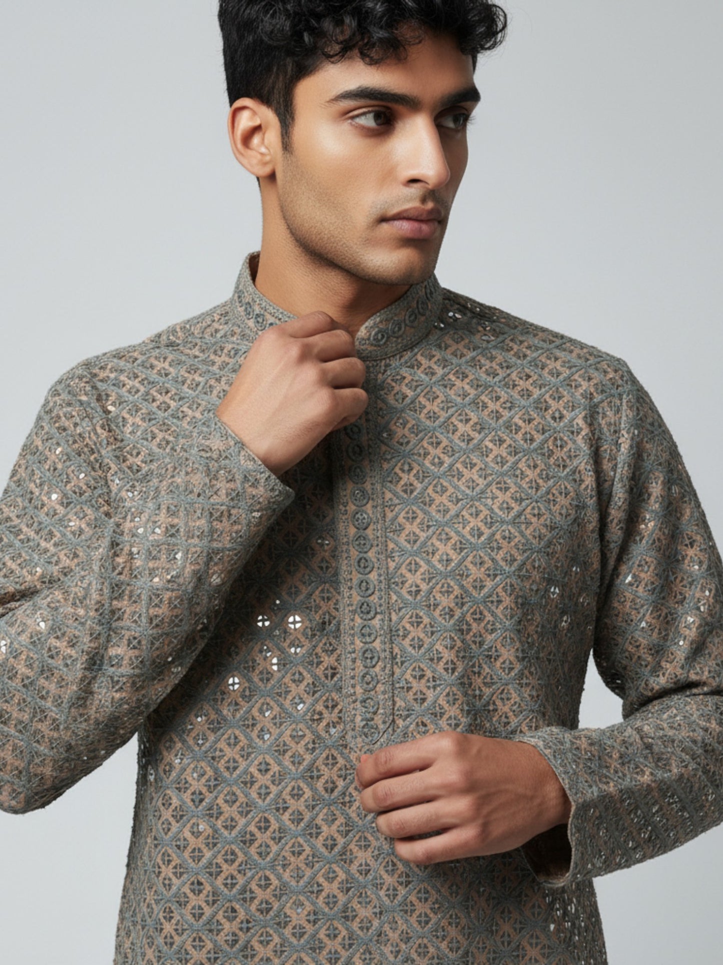 Taupe Chikankari Kurta Pajama for Men – Elegant Embroidered Set