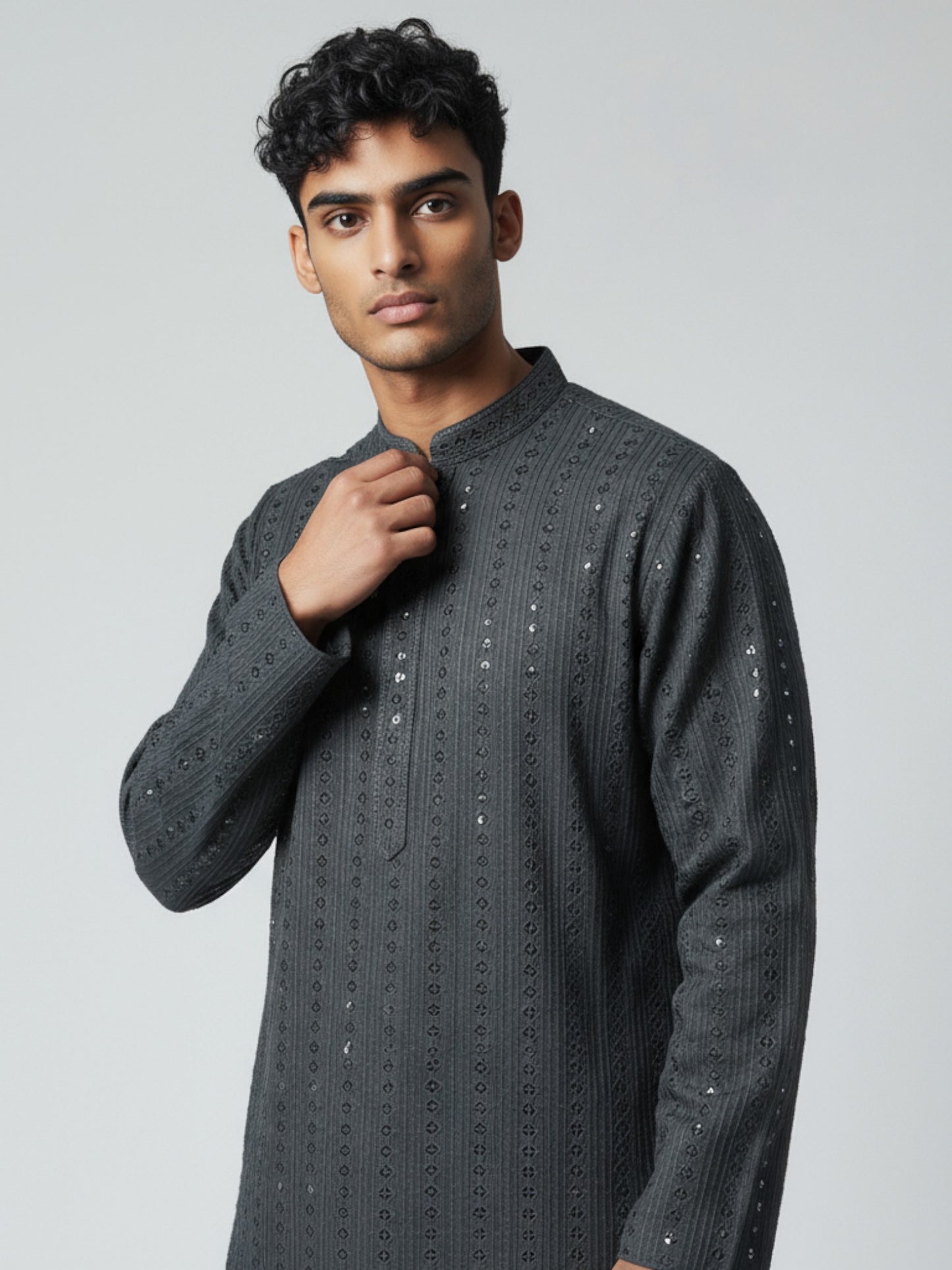 Charcoal Grey Chikankari Kurta Pajama for Men – Elegant Festive Wear