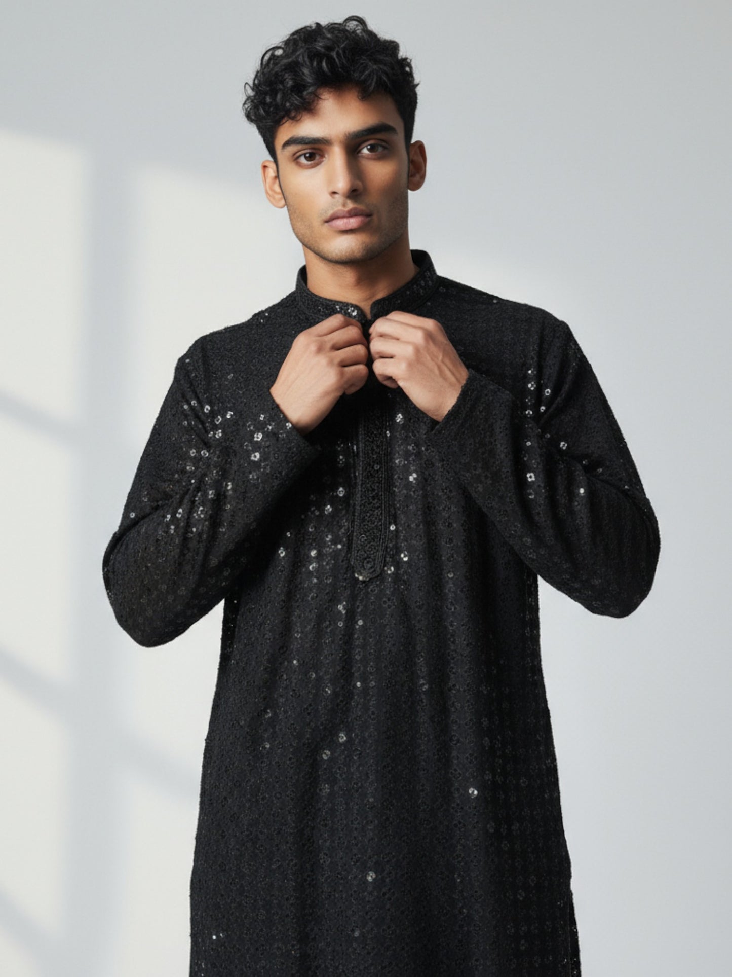 Black Chikankari Kurta Pajama for Men – Elegant Mirror Embroidered Party Wear