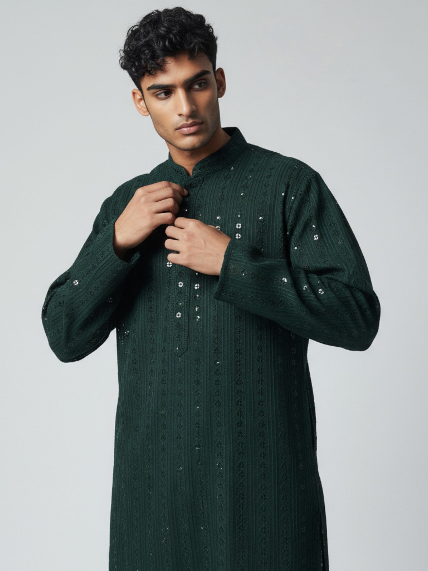 Forest Green Chikankari Kurta Pajama for Men – Festive Embroidered Set