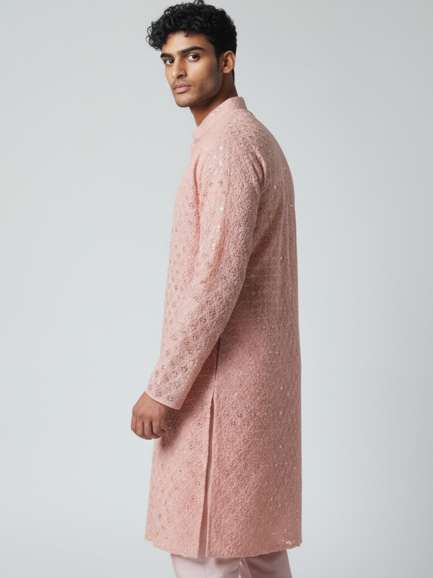 Blush Pink Chikankari Kurta Pajama for Men – Mirror Work Festive Wear