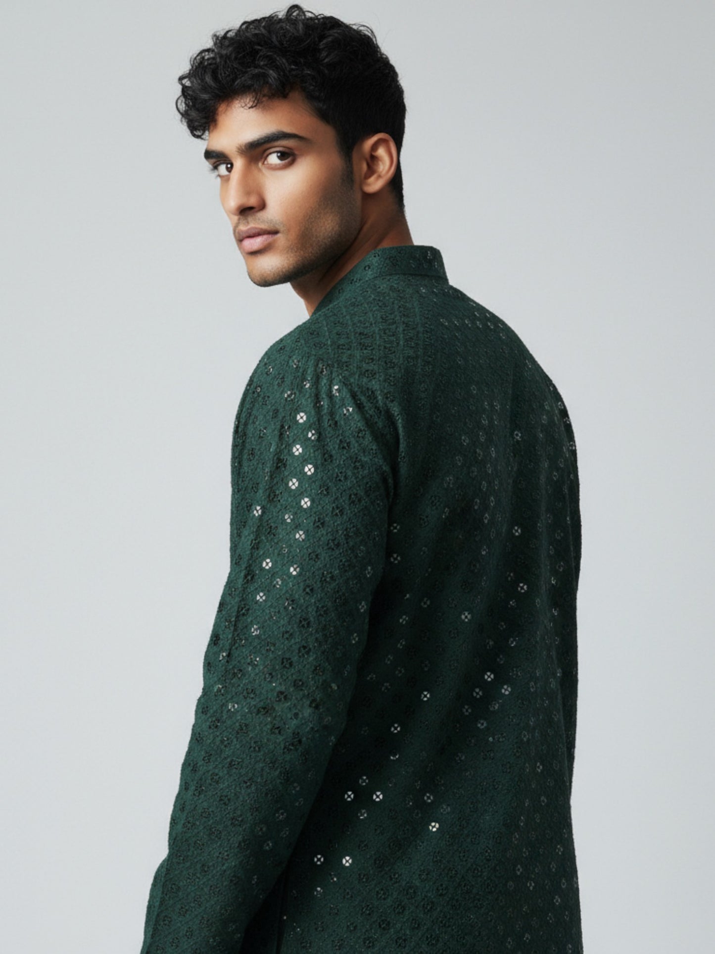 Forest Green Chikankari Kurta Pajama for Men – Mirror Embroidered Festive Wear