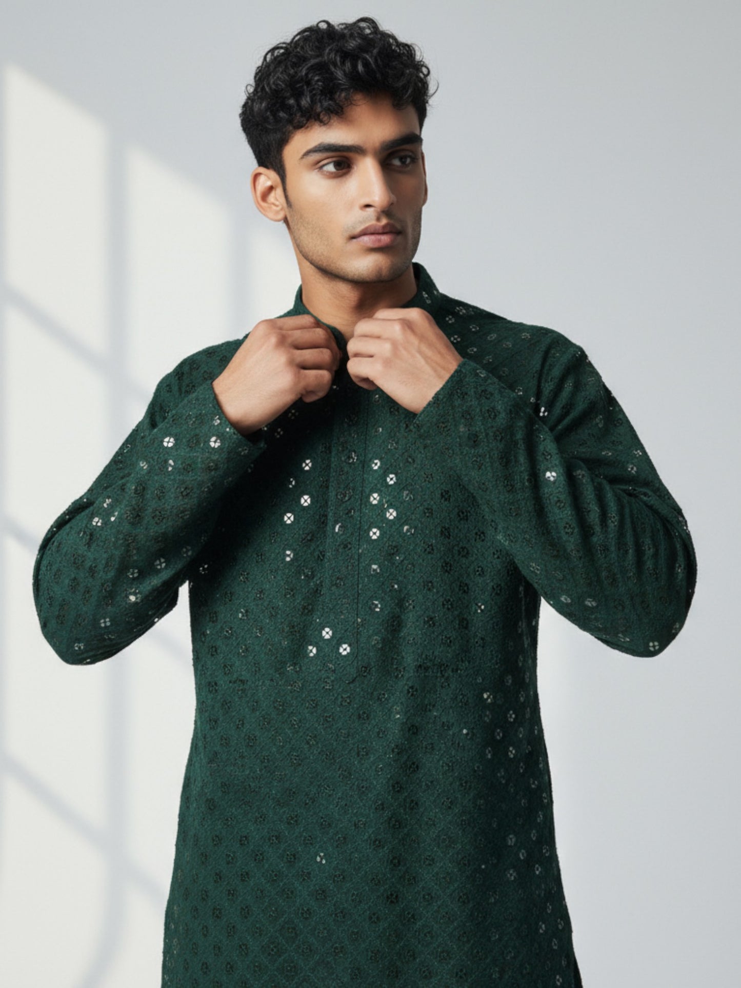 Forest Green Chikankari Kurta Pajama for Men – Mirror Embroidered Festive Wear