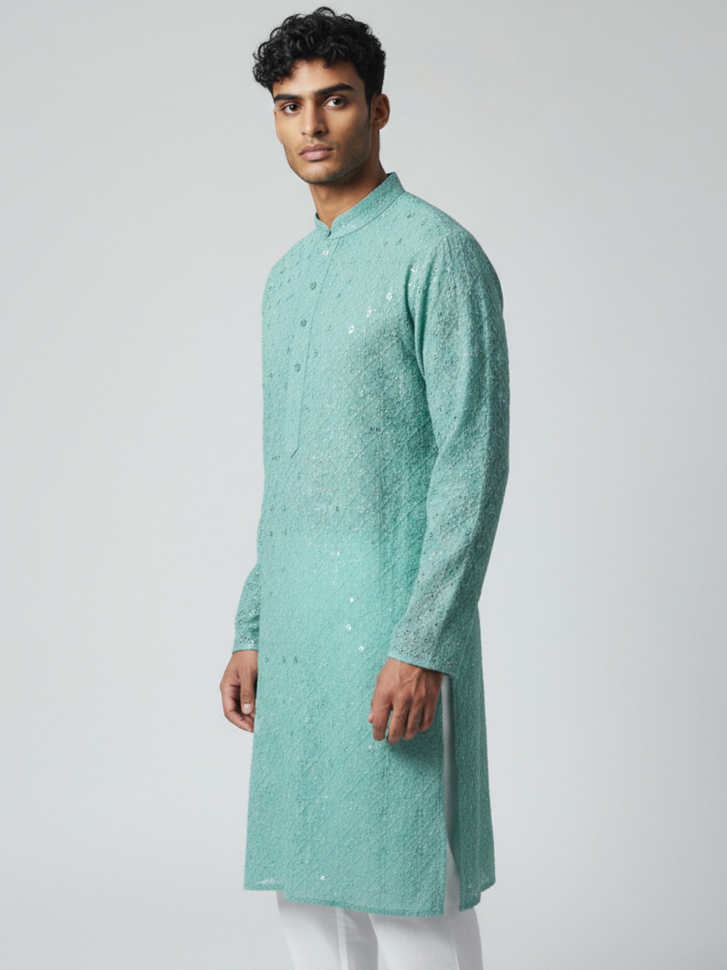 Aqua Blue Chikankari Kurta Pajama for Men – Mirror Work Festive Wear