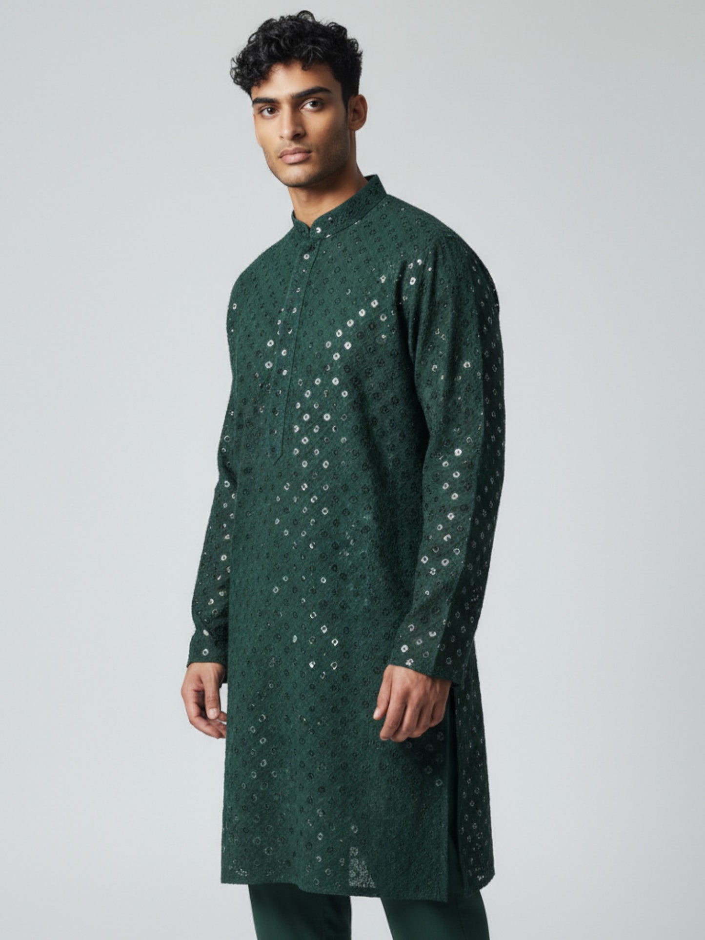 Forest Green Chikankari Kurta Pajama for Men – Mirror Embroidered Festive Wear