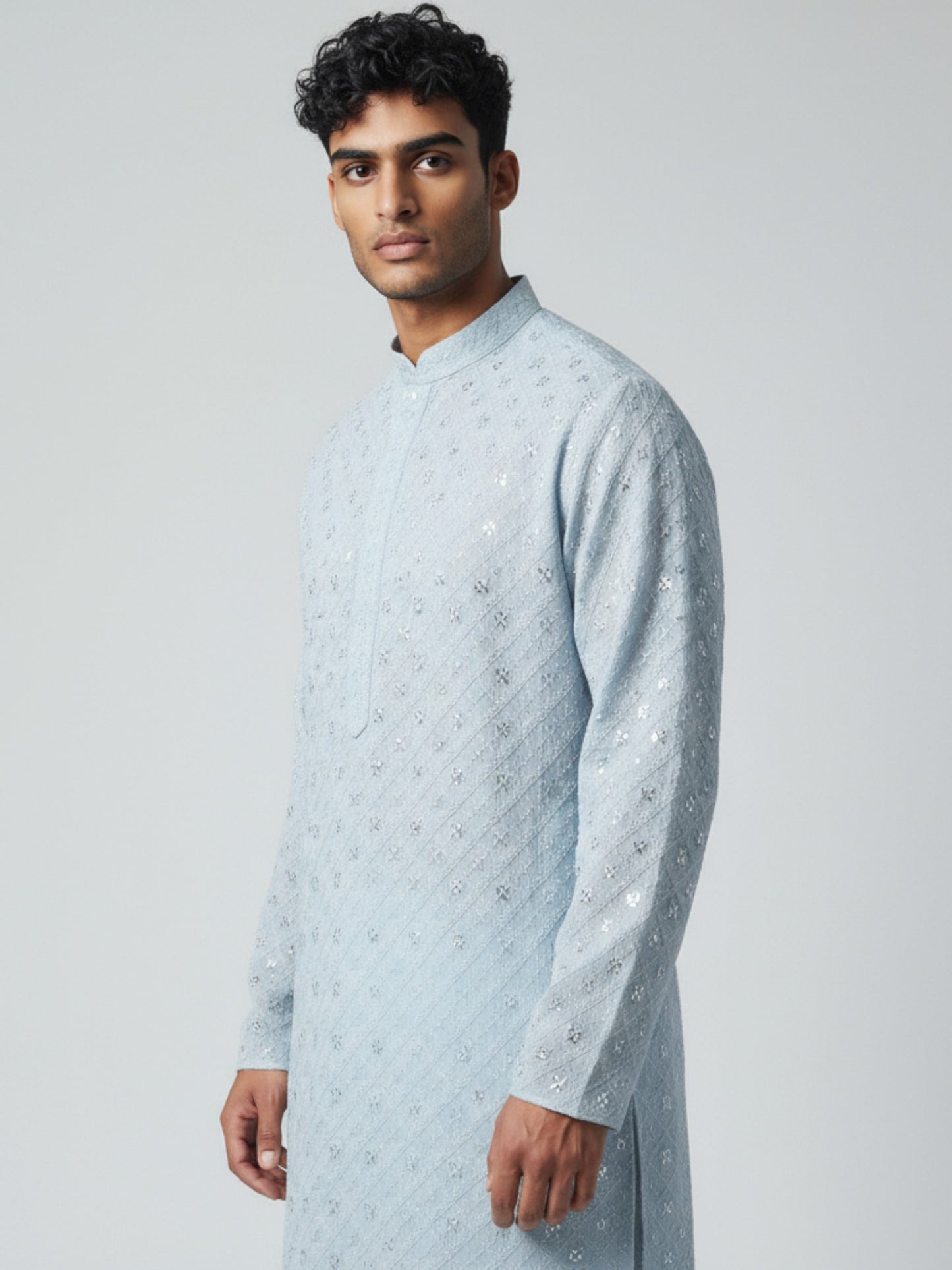 Sky Blue Chikankari Kurta Pajama for Men – Elegant Mirror Work Festive Wear