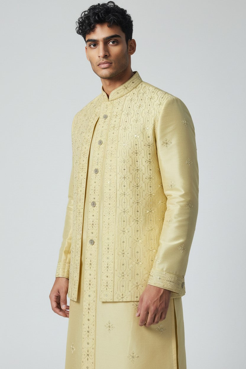 Pastel Yellow 3-Piece Kurta Set – Embroidered Wedding Wear
