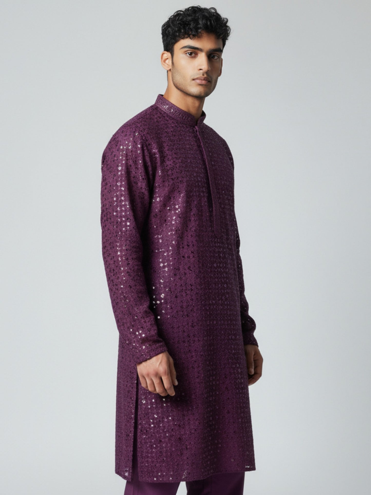 Purple Chikankari Kurta Pajama for Men – Mirror Embroidered Festive Wear
