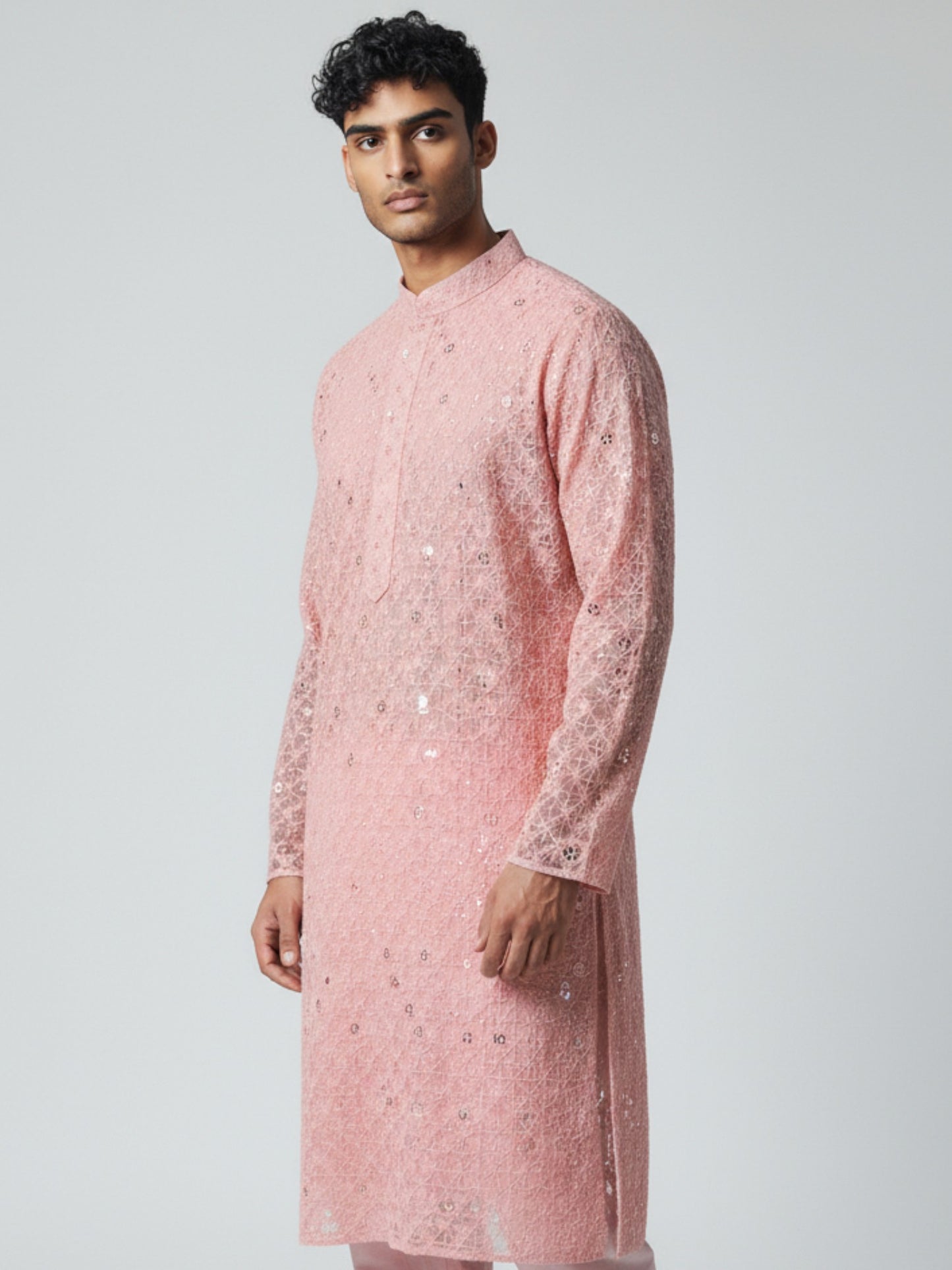 Blush Pink Chikankari Kurta Pajama for Men – Mirror Work Festive Wear