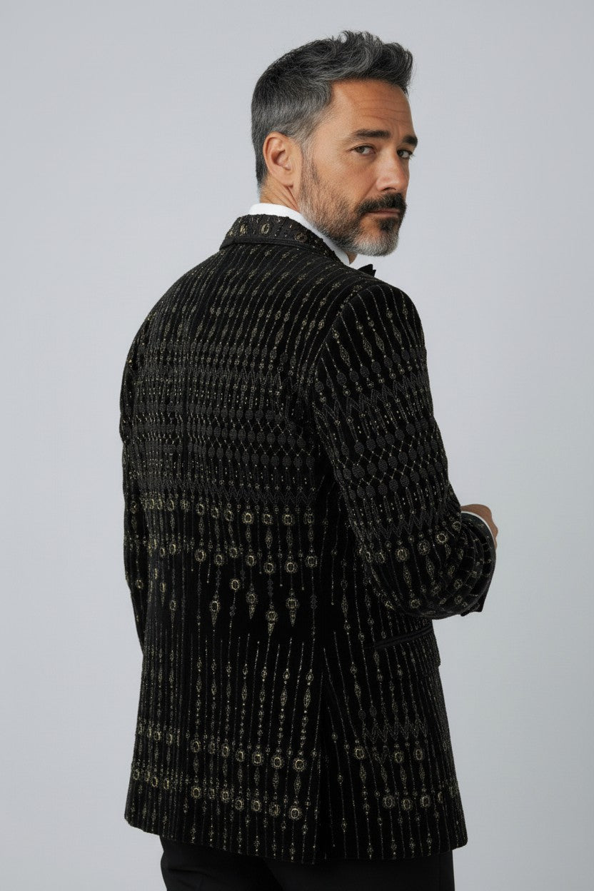 Men's Luxury Black & Gold Velvet 3-Piece Suit - Precision Tailoring with Regal Embroidery