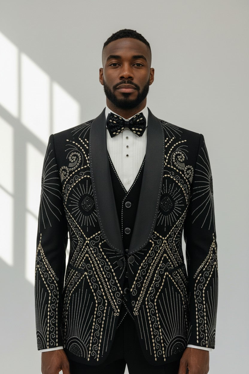 Mens Black Embroidered Shawl Lapel Tuxedo Set with Golden Gear Embellishments 3XL - 46
