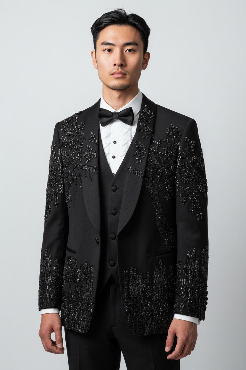 Men’s Luxury Midnight Black Tuxedo with Embellished Detailing