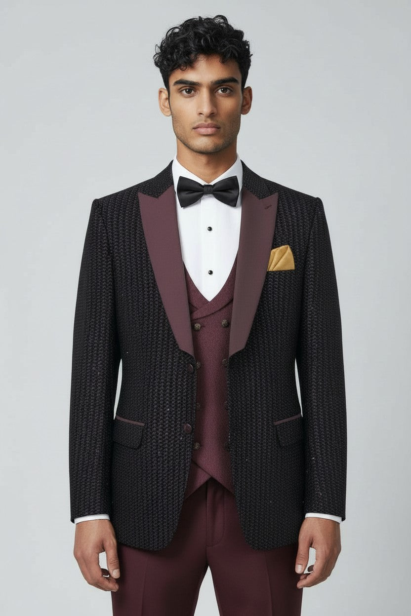 Blazer élégant marron texturé pour homme avec revers en satin | Vêtements de cérémonie haut de gamme