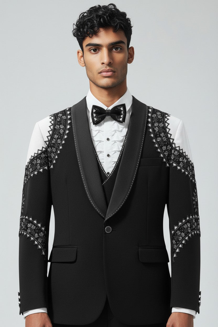 Men's Classic Black 3-Piece Formal Suit with Regal Embroidered Detailing