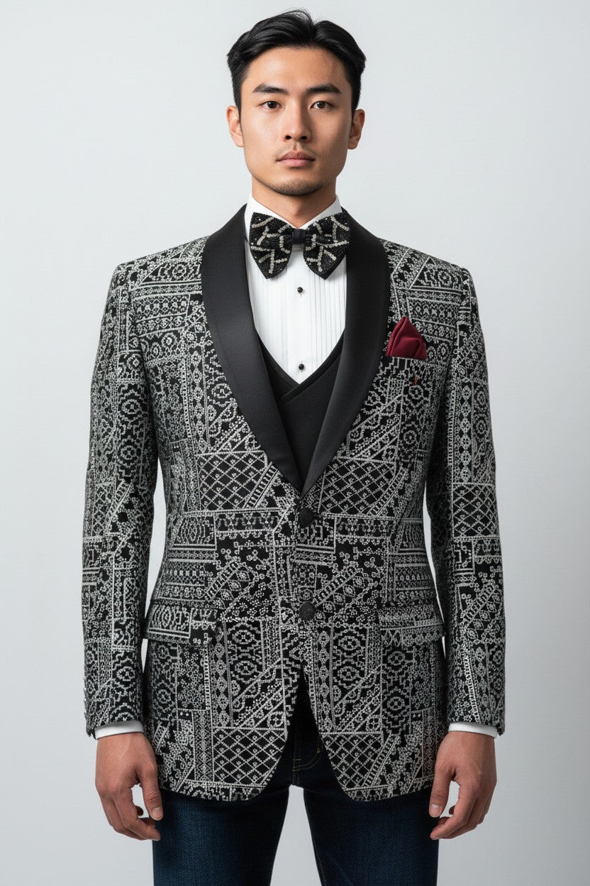 Men’s Black & Silver Embroidered Suit – Intricate Detail, Luxury Formal Jacket