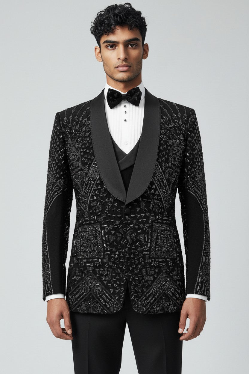 Men’s Black Geometric Crystal-Embroidered Tuxedo with Satin Shawl Lapel – Luxe Formal Wear