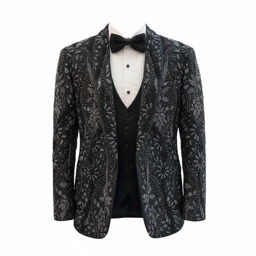 Dark Green Luxury Embroidered Tuxedo Set with Satin Lapels