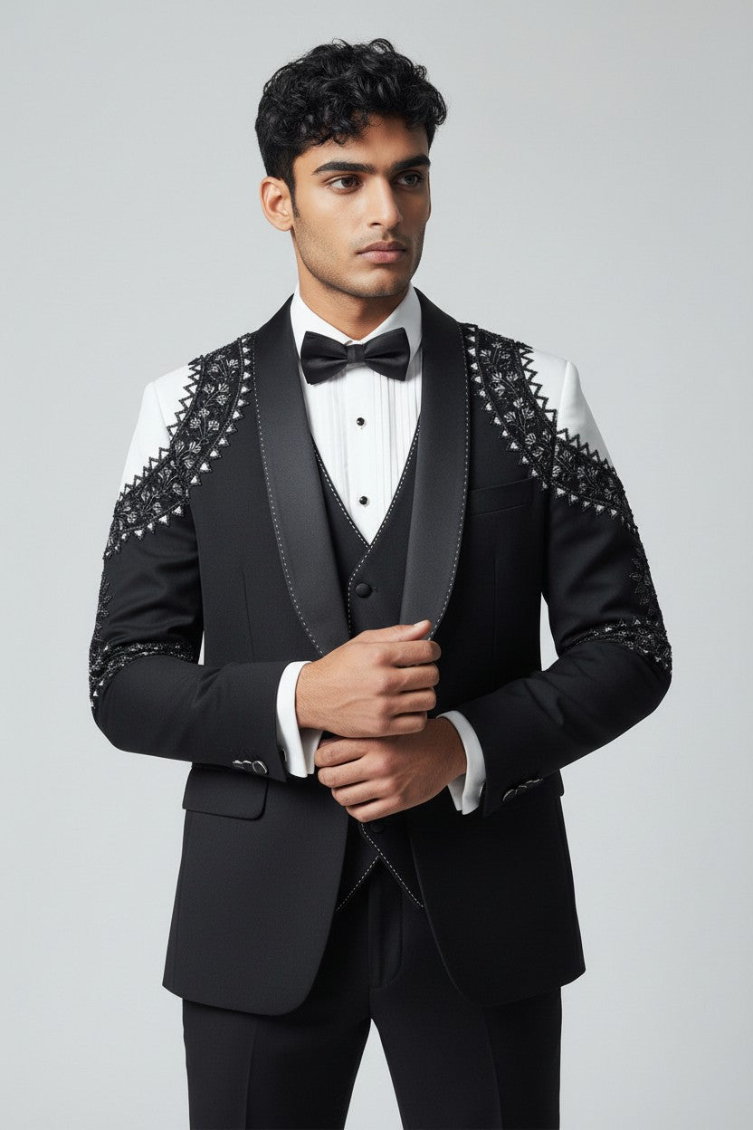 Men's Classic Black 3-Piece Formal Suit with Regal Embroidered Detailing