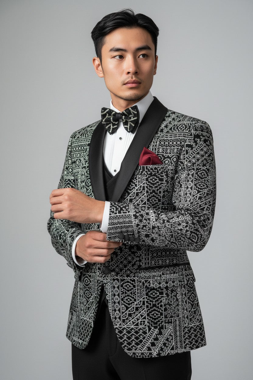 Men’s Black & Silver Embroidered Suit – Intricate Detail, Luxury Formal Jacket