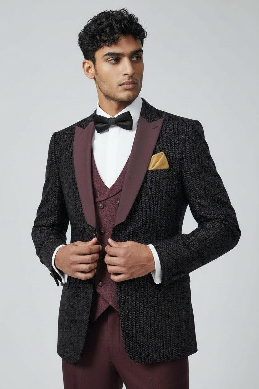 Blazer élégant marron texturé pour homme avec revers en satin | Vêtements de cérémonie haut de gamme