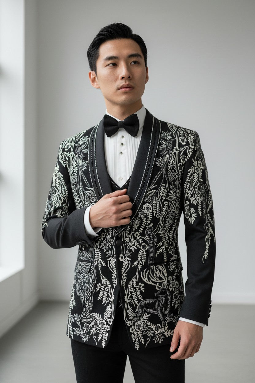 Men’s Black Wildlife Embroidered Tuxedo with Satin Lapel – Luxury Formal Wear with Animal & Flora Motif