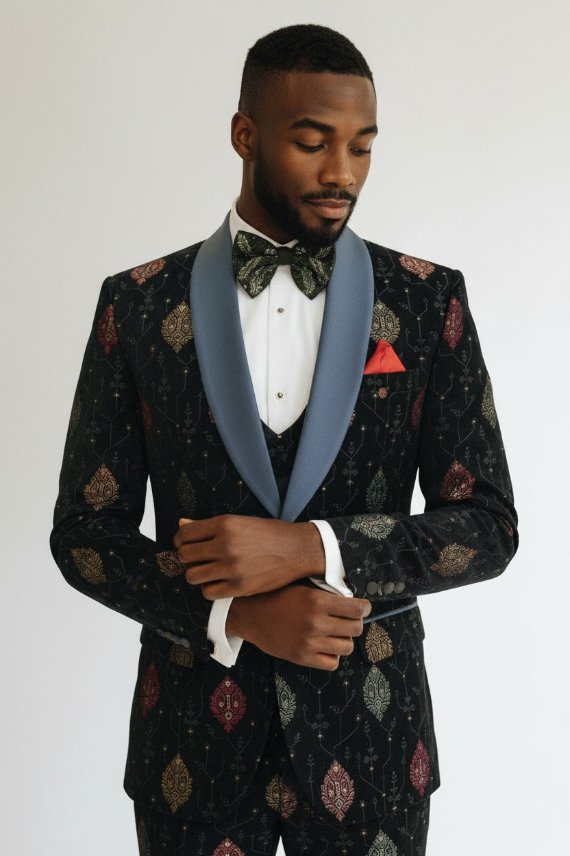 Blazer luxueux en velours bleu marine brodé pour homme avec revers en satin