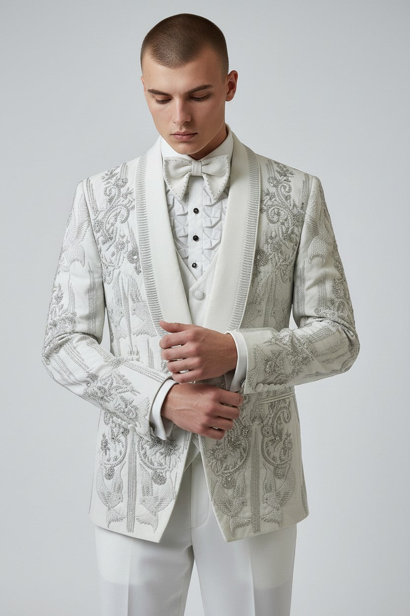 Men’s White Embroidered Tuxedo with Silver Detailing & Satin Lapel – Royal Luxury Wedding Suit