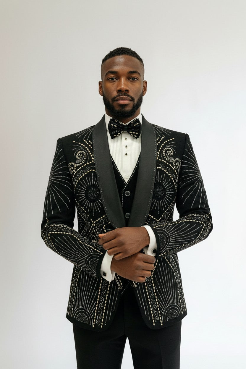 Men's Luxury Black Suit with Golden Gear Embellishments