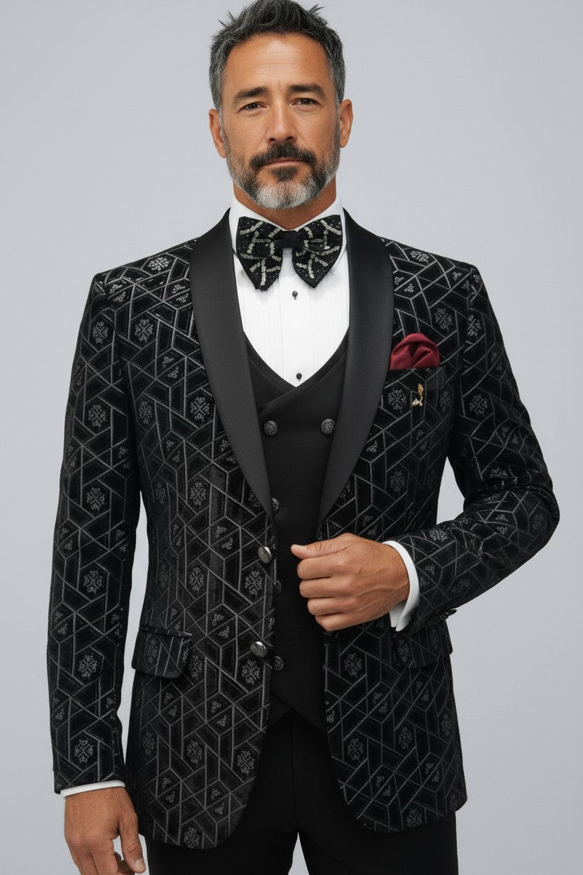 Men’s Black Velvet Suit with Geometric Design – Luxury Formal Attire
