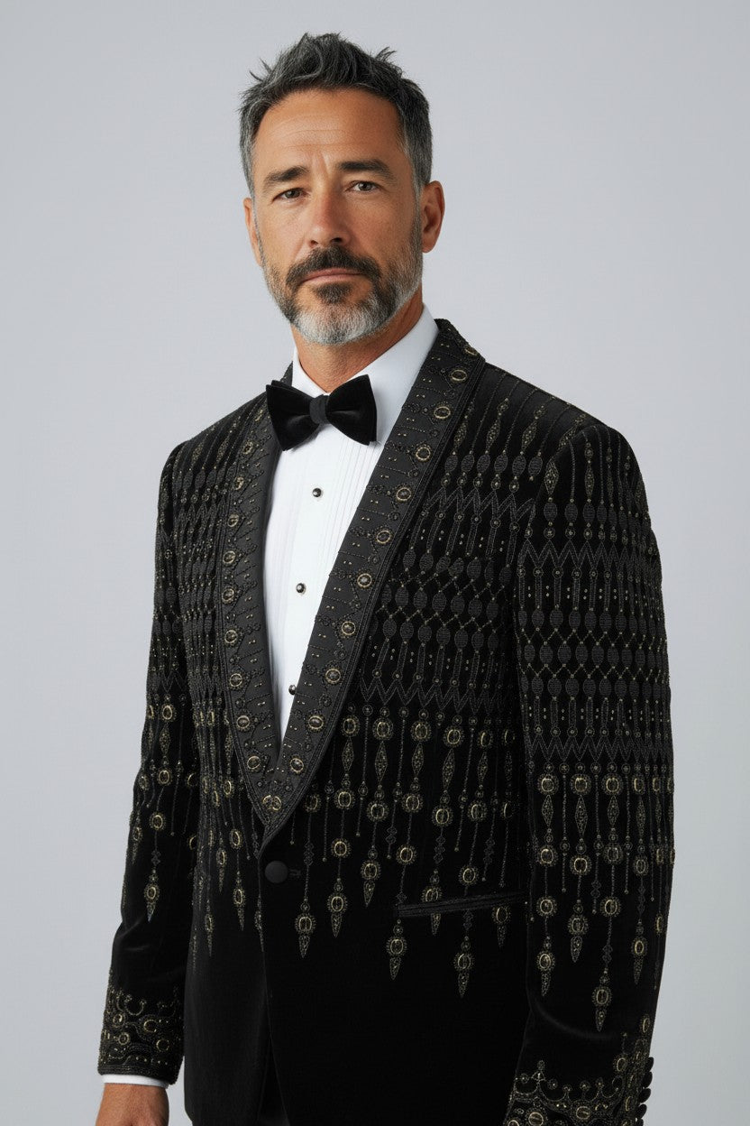 Men's Luxury Black & Gold Velvet 3-Piece Suit - Precision Tailoring with Regal Embroidery