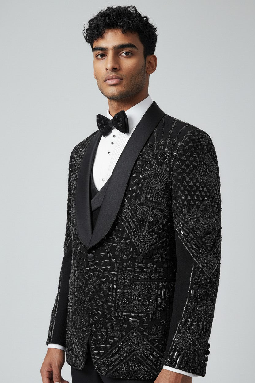 Men’s Black Geometric Crystal-Embroidered Tuxedo with Satin Shawl Lapel – Luxe Formal Wear