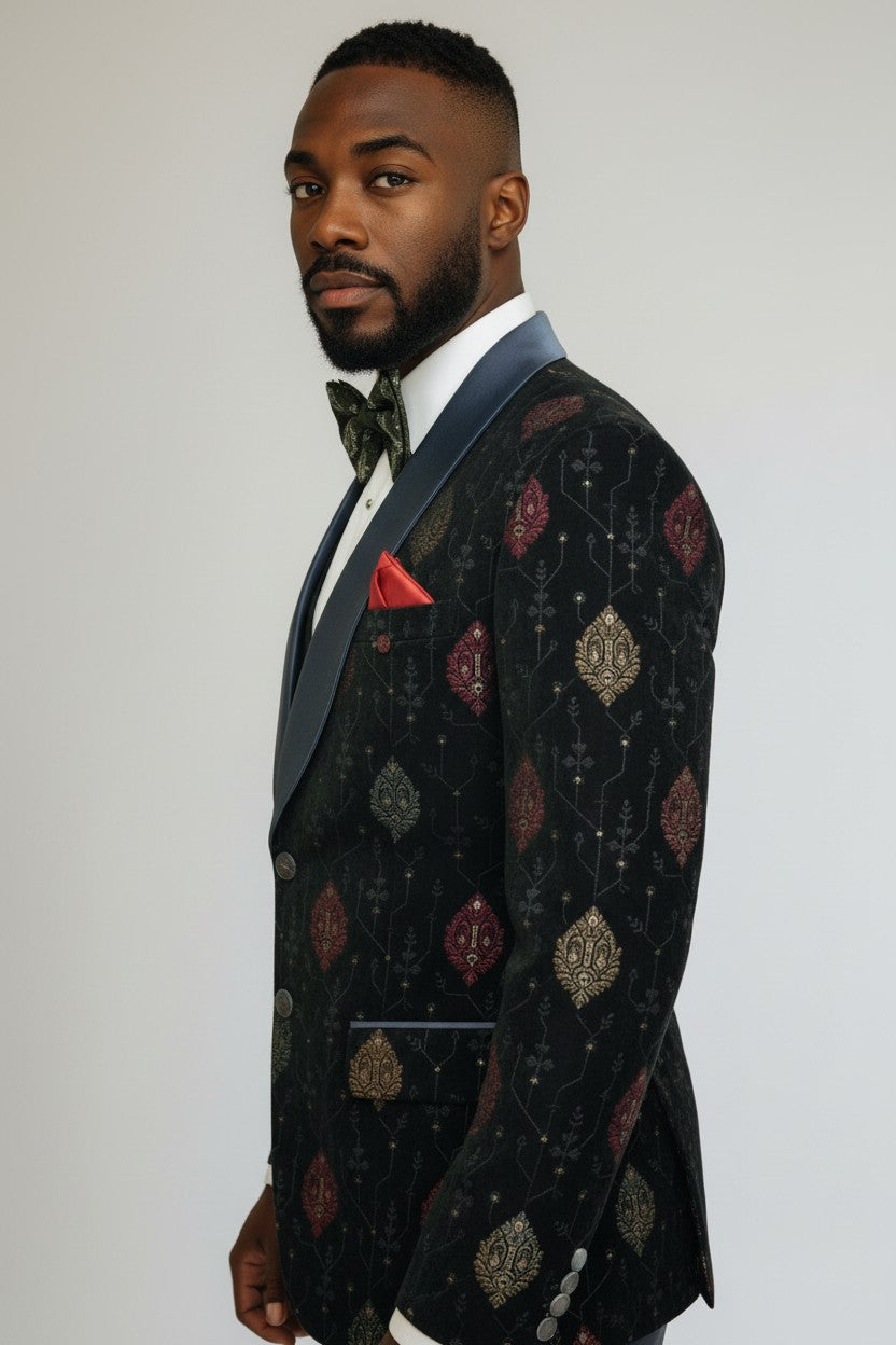 Blazer luxueux en velours bleu marine brodé pour homme avec revers en satin