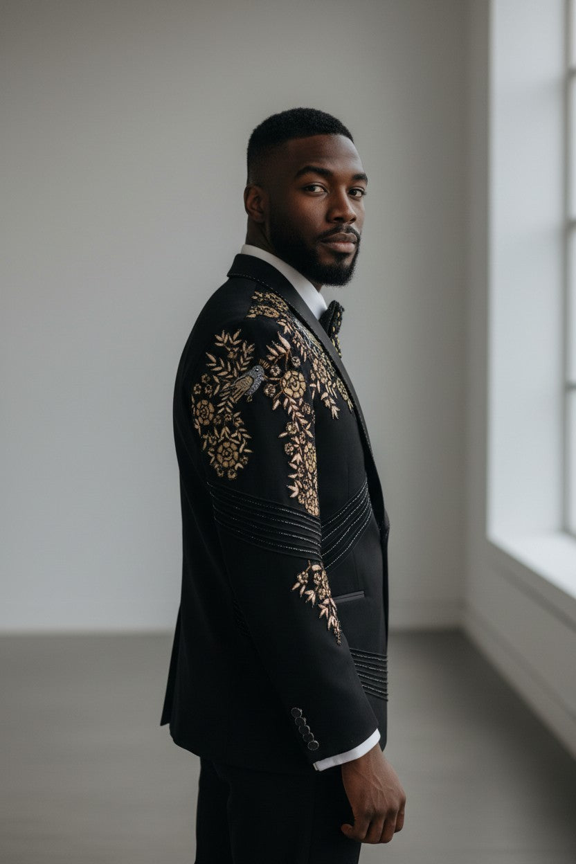 Men’s Luxury Black Suit with Gold Floral Embroidery