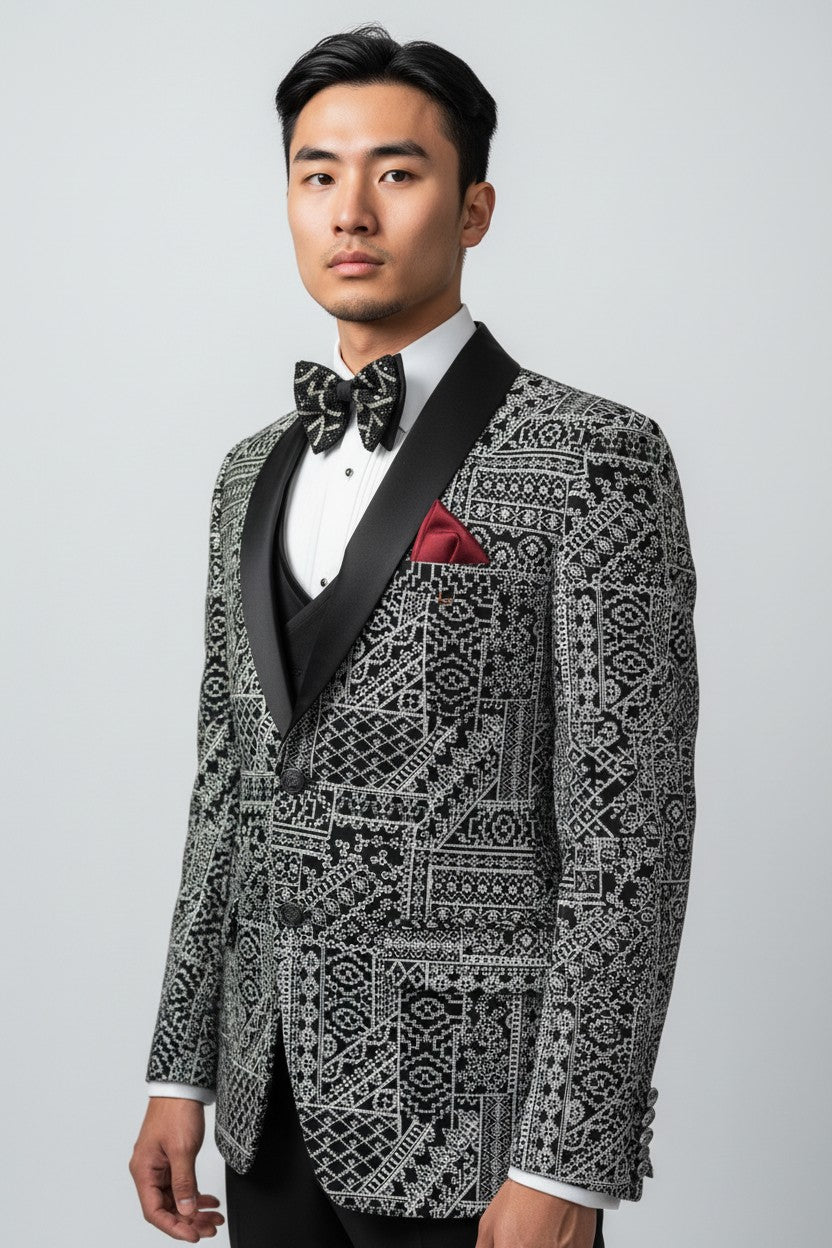 Men’s Black & Silver Embroidered Suit – Intricate Detail, Luxury Formal Jacket