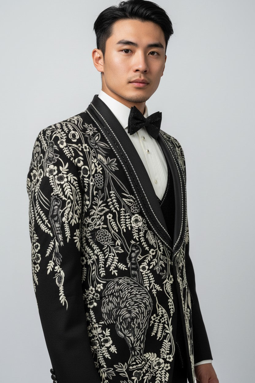 Men’s Black Wildlife Embroidered Tuxedo with Satin Lapel – Luxury Formal Wear with Animal & Flora Motif